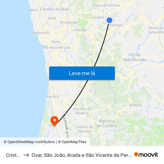 Cristelo to Ovar, São João, Arada e São Vicente de Pereira Jusã map