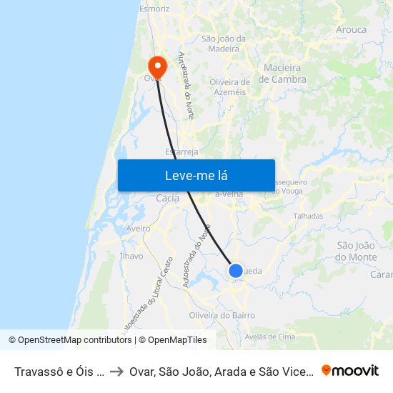 Travassô e Óis da Ribeira to Ovar, São João, Arada e São Vicente de Pereira Jusã map