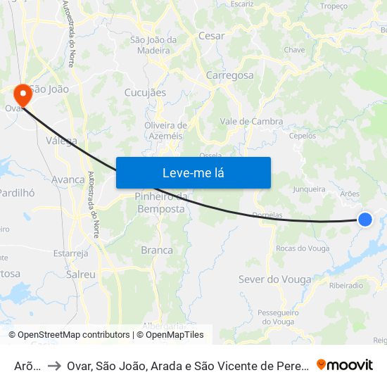 Arões to Ovar, São João, Arada e São Vicente de Pereira Jusã map