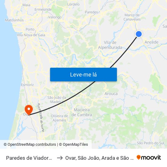 Paredes de Viadores e Manhuncelos to Ovar, São João, Arada e São Vicente de Pereira Jusã map