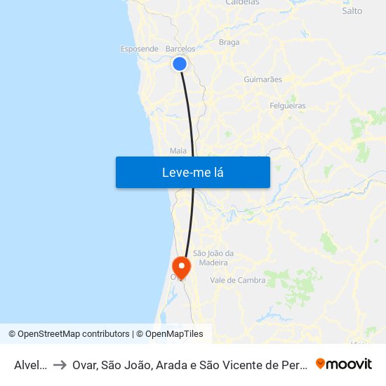 Alvelos to Ovar, São João, Arada e São Vicente de Pereira Jusã map