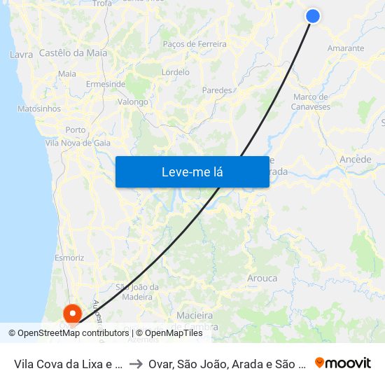 Vila Cova da Lixa e Borba de Godim to Ovar, São João, Arada e São Vicente de Pereira Jusã map