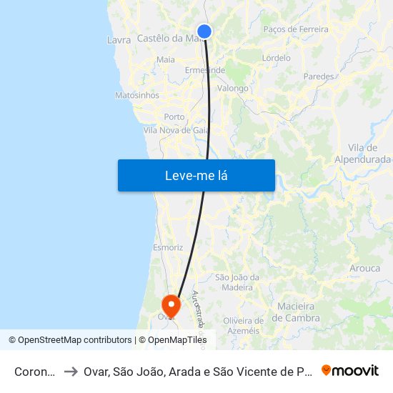 Coronado to Ovar, São João, Arada e São Vicente de Pereira Jusã map