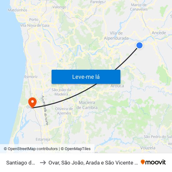 Santiago de Piães to Ovar, São João, Arada e São Vicente de Pereira Jusã map