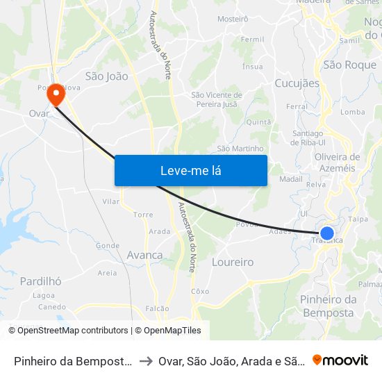 Pinheiro da Bemposta, Travanca e Palmaz to Ovar, São João, Arada e São Vicente de Pereira Jusã map