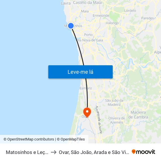 Matosinhos e Leça da Palmeira to Ovar, São João, Arada e São Vicente de Pereira Jusã map