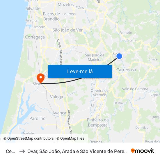 Cesar to Ovar, São João, Arada e São Vicente de Pereira Jusã map