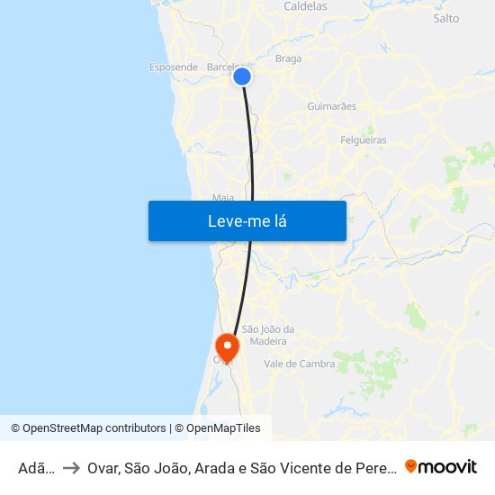 Adães to Ovar, São João, Arada e São Vicente de Pereira Jusã map