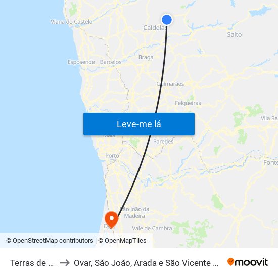 Terras de Bouro to Ovar, São João, Arada e São Vicente de Pereira Jusã map