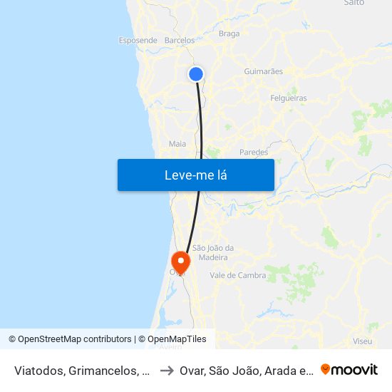 Viatodos, Grimancelos, Minhotães e Monte de Fralães to Ovar, São João, Arada e São Vicente de Pereira Jusã map