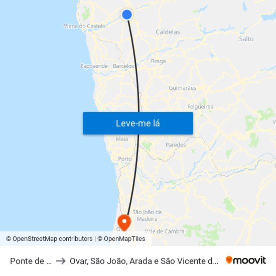 Ponte de Lima to Ovar, São João, Arada e São Vicente de Pereira Jusã map