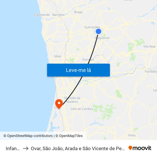 Infantas to Ovar, São João, Arada e São Vicente de Pereira Jusã map