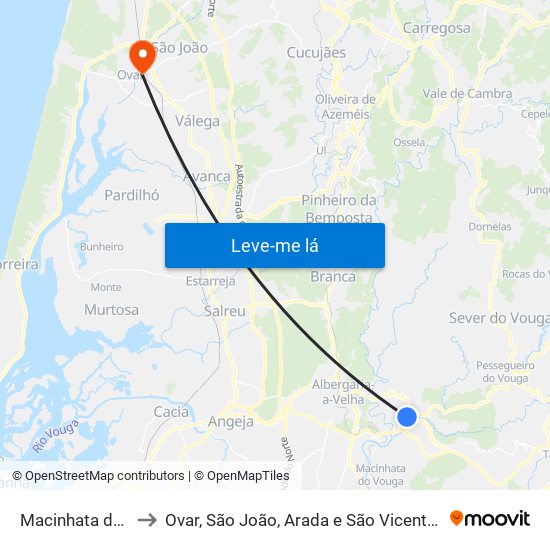 Macinhata do Vouga to Ovar, São João, Arada e São Vicente de Pereira Jusã map