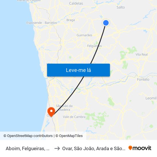 Aboim, Felgueiras, Gontim e Pedraído to Ovar, São João, Arada e São Vicente de Pereira Jusã map