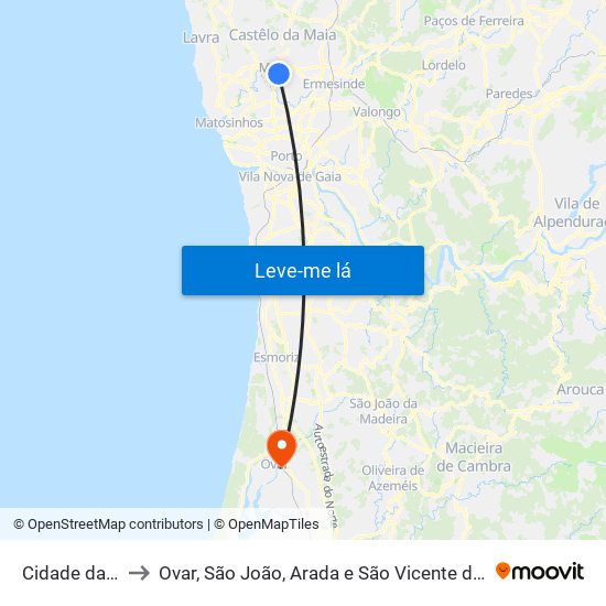 Cidade da Maia to Ovar, São João, Arada e São Vicente de Pereira Jusã map