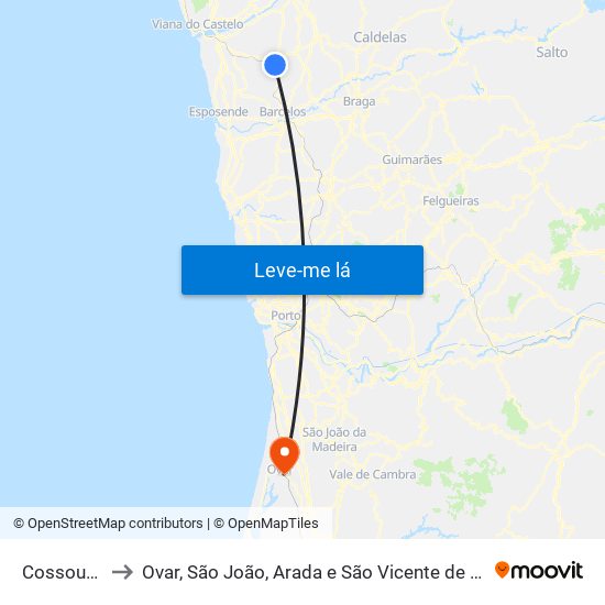 Cossourado to Ovar, São João, Arada e São Vicente de Pereira Jusã map