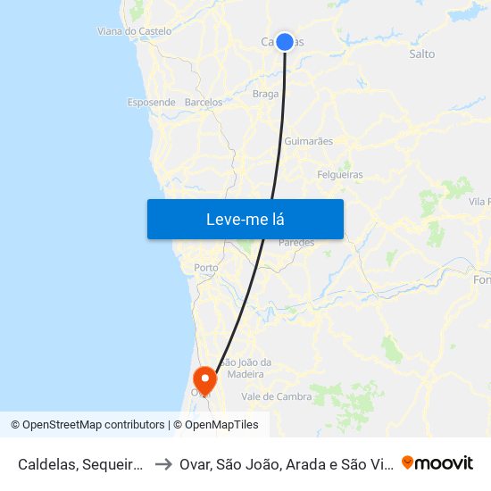 Caldelas, Sequeiros e Paranhos to Ovar, São João, Arada e São Vicente de Pereira Jusã map