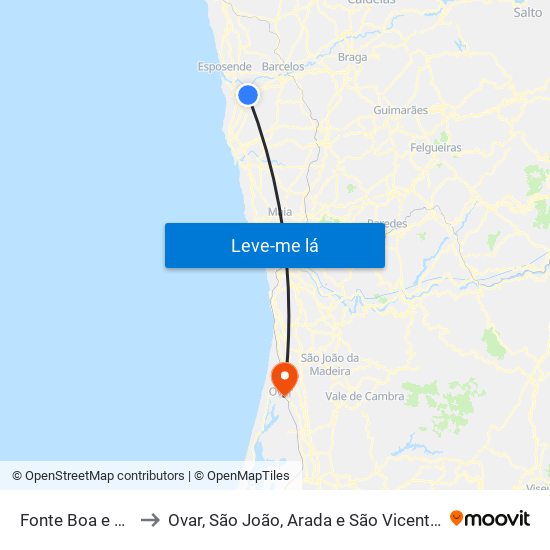 Fonte Boa e Rio Tinto to Ovar, São João, Arada e São Vicente de Pereira Jusã map