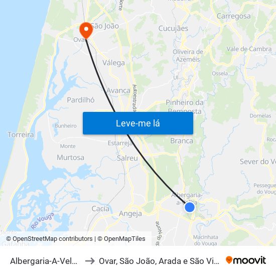 Albergaria-A-Velha e Valmaior to Ovar, São João, Arada e São Vicente de Pereira Jusã map