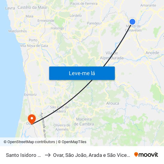 Santo Isidoro e Livração to Ovar, São João, Arada e São Vicente de Pereira Jusã map