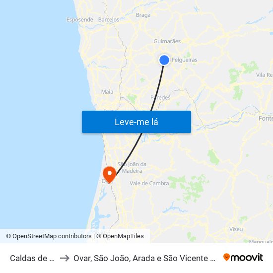 Caldas de Vizela to Ovar, São João, Arada e São Vicente de Pereira Jusã map