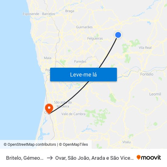 Britelo, Gémeos e Ourilhe to Ovar, São João, Arada e São Vicente de Pereira Jusã map