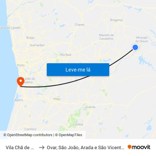 Vila Chã de Braciosa to Ovar, São João, Arada e São Vicente de Pereira Jusã map