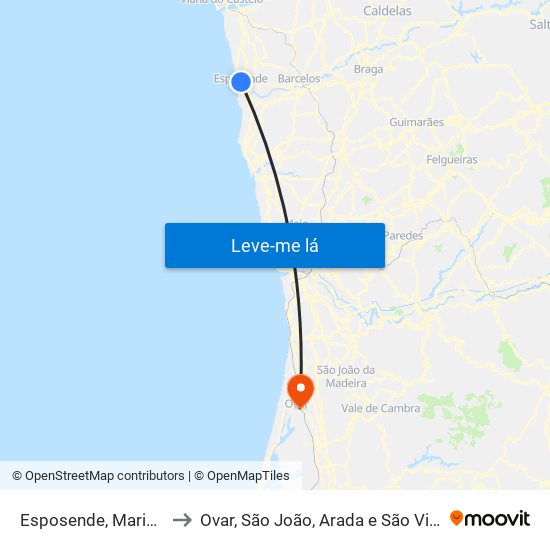 Esposende, Marinhas e Gandra to Ovar, São João, Arada e São Vicente de Pereira Jusã map