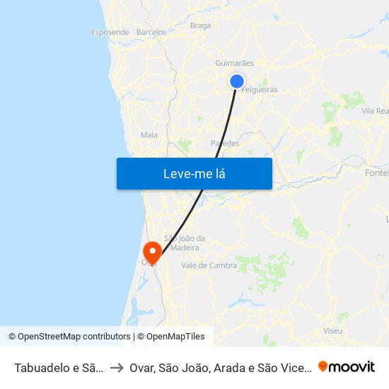 Tabuadelo e São Faustino to Ovar, São João, Arada e São Vicente de Pereira Jusã map