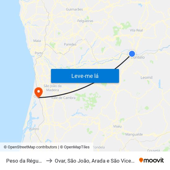 Peso da Régua e Godim to Ovar, São João, Arada e São Vicente de Pereira Jusã map