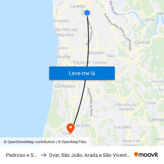 Pedroso e Seixezelo to Ovar, São João, Arada e São Vicente de Pereira Jusã map