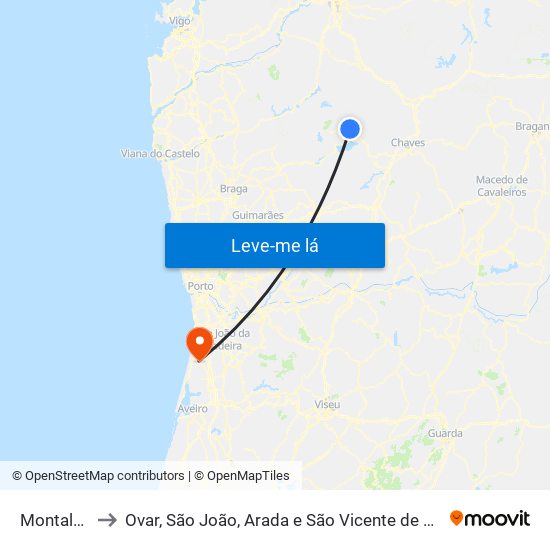 Montalegre to Ovar, São João, Arada e São Vicente de Pereira Jusã map