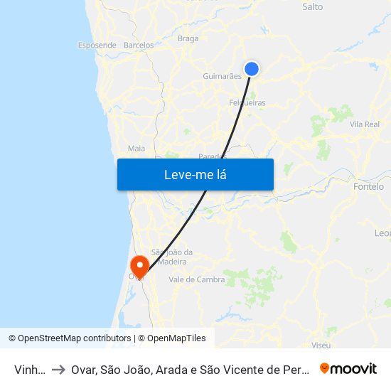 Vinhós to Ovar, São João, Arada e São Vicente de Pereira Jusã map