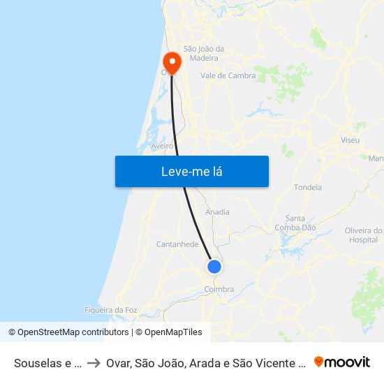 Souselas e Botão to Ovar, São João, Arada e São Vicente de Pereira Jusã map