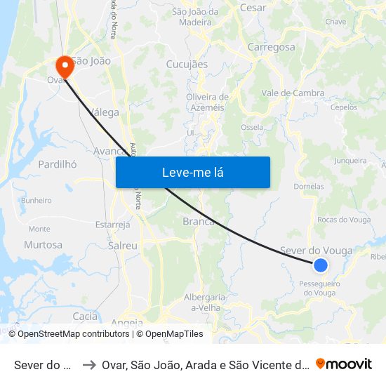 Sever do Vouga to Ovar, São João, Arada e São Vicente de Pereira Jusã map