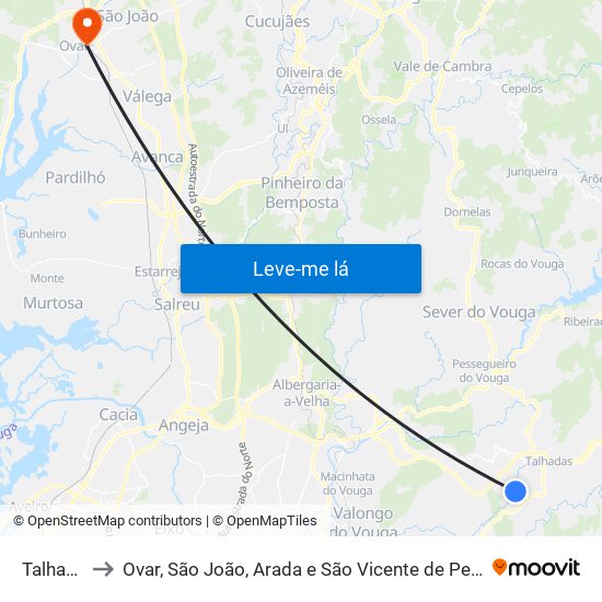 Talhadas to Ovar, São João, Arada e São Vicente de Pereira Jusã map