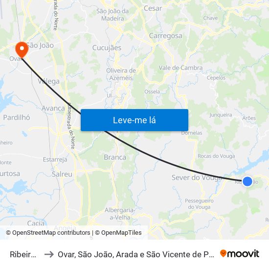 Ribeiradio to Ovar, São João, Arada e São Vicente de Pereira Jusã map