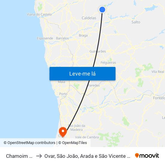 Chamoim e Vilar to Ovar, São João, Arada e São Vicente de Pereira Jusã map