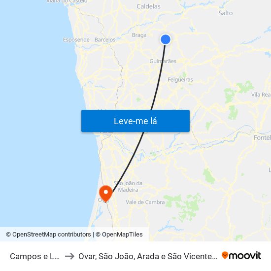 Campos e Louredo to Ovar, São João, Arada e São Vicente de Pereira Jusã map
