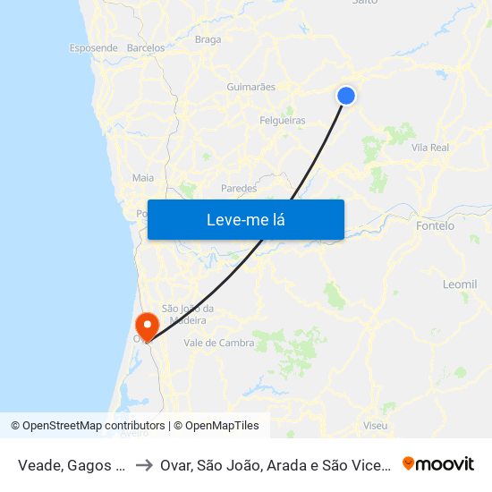 Veade, Gagos e Molares to Ovar, São João, Arada e São Vicente de Pereira Jusã map