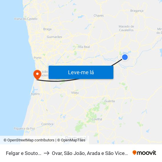 Felgar e Souto da Velha to Ovar, São João, Arada e São Vicente de Pereira Jusã map