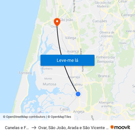 Canelas e Fermelã to Ovar, São João, Arada e São Vicente de Pereira Jusã map