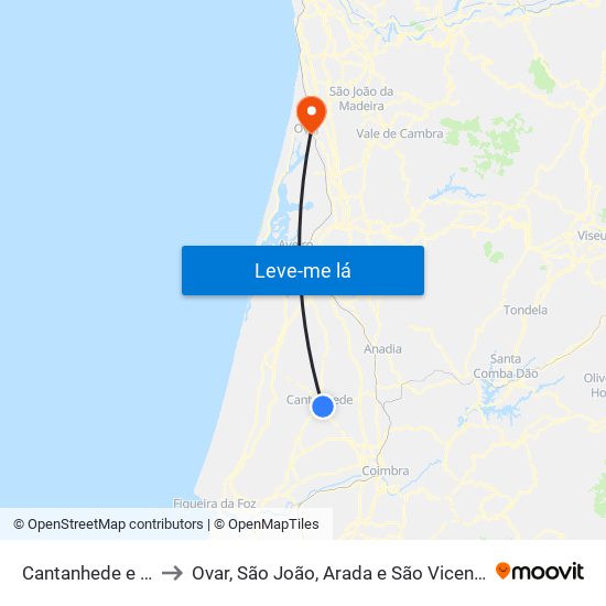 Cantanhede e Pocariça to Ovar, São João, Arada e São Vicente de Pereira Jusã map