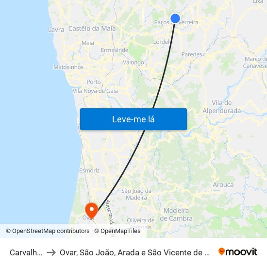 Carvalhosa to Ovar, São João, Arada e São Vicente de Pereira Jusã map