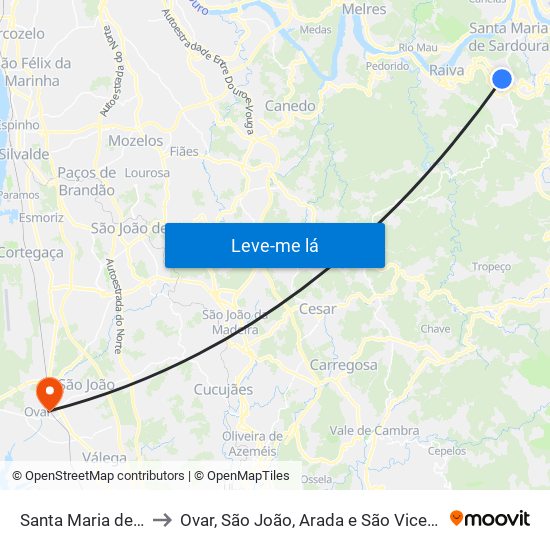 Santa Maria de Sardoura to Ovar, São João, Arada e São Vicente de Pereira Jusã map