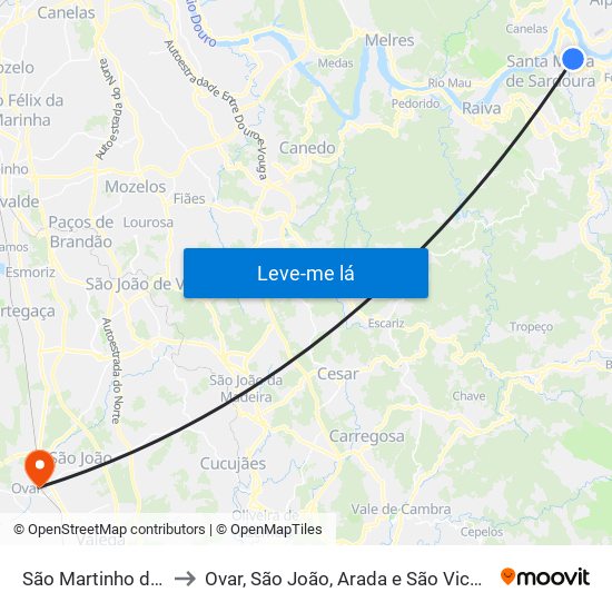 São Martinho de Sardoura to Ovar, São João, Arada e São Vicente de Pereira Jusã map