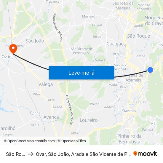 São Roque to Ovar, São João, Arada e São Vicente de Pereira Jusã map