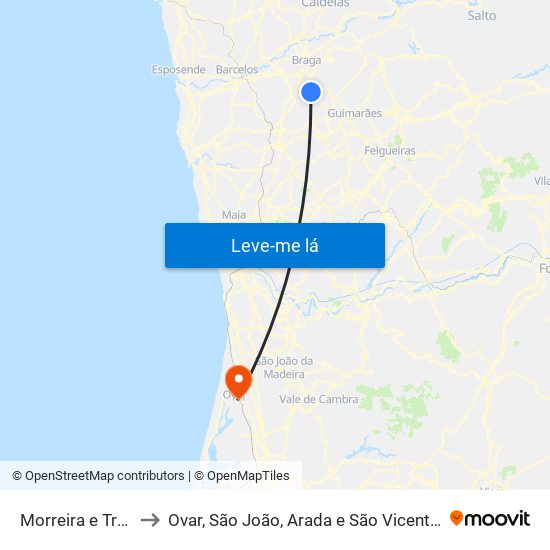 Morreira e Trandeiras to Ovar, São João, Arada e São Vicente de Pereira Jusã map