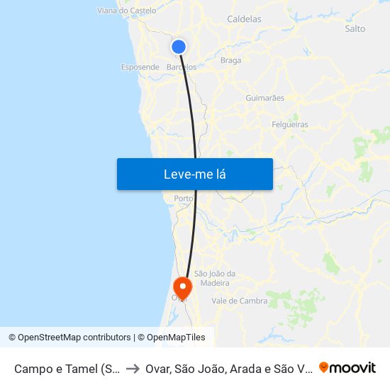 Campo e Tamel (São Pedro Fins) to Ovar, São João, Arada e São Vicente de Pereira Jusã map