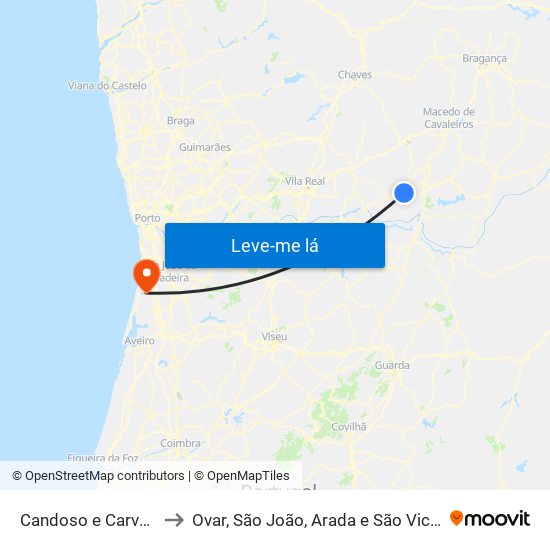 Candoso e Carvalho de Egas to Ovar, São João, Arada e São Vicente de Pereira Jusã map